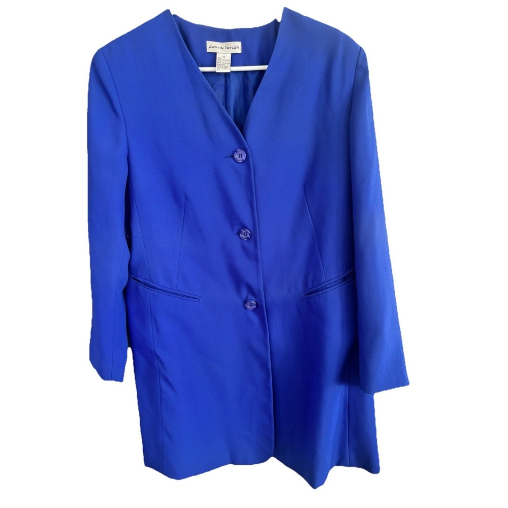 JUSTIN TAYLOR Women's Size 12 Royal Blue Blazer Jacket Long Polyester Lined 80s